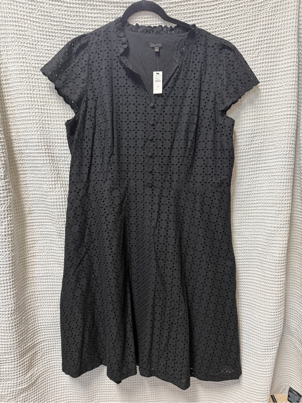 NWT Talbots 100% Cotton Black Eyelet Midi Dress with Scalloped Trim Cap Sleeves
